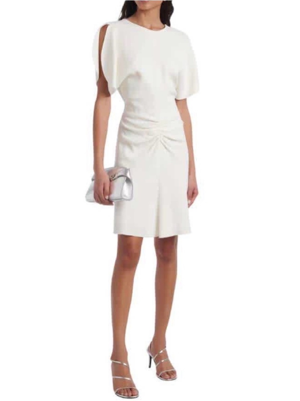 Victoria Beckham DRAPED VISCOSE-WOOL CREPE DRESS Cream Cape-Sleeve Mini Dress